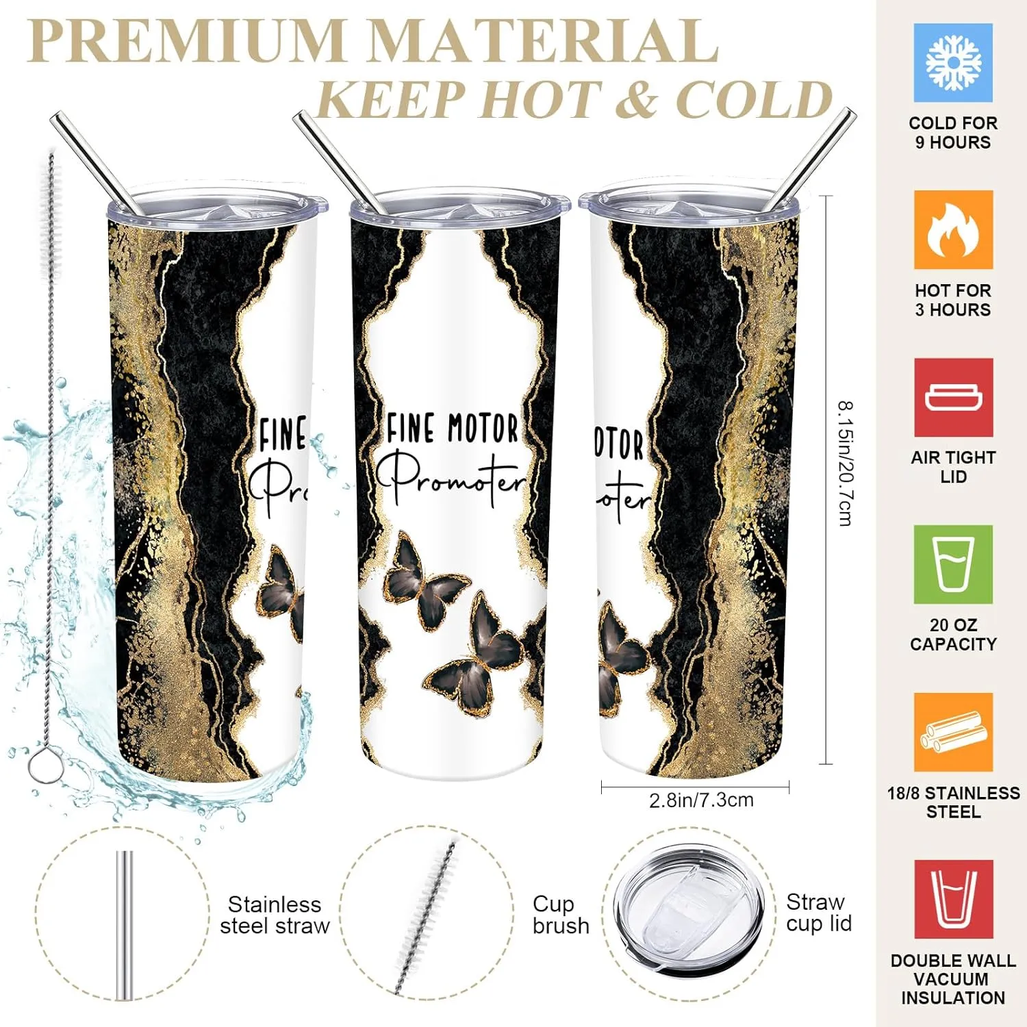 Buryeah 2 Pcs The Occupational Therapy Gift Fine Motor Promoter 20 oz Marble Sign Tumbler with Lid Large Tote Bag with Mesh Pockets OT Month Thank You Gift for Mental Healthy Psychology(Black)