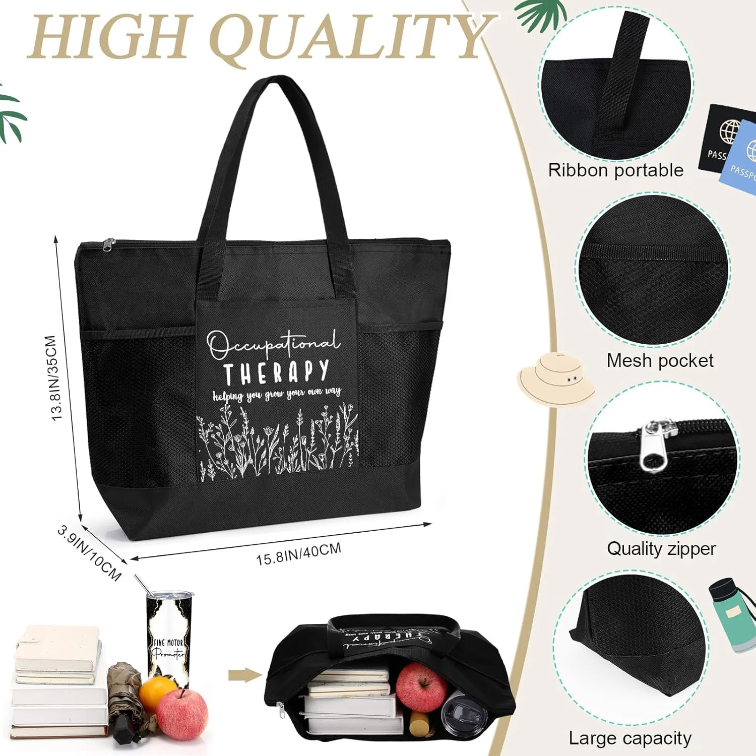 Buryeah 2 Pcs The Occupational Therapy Gift Fine Motor Promoter 20 oz Marble Sign Tumbler with Lid Large Tote Bag with Mesh Pockets OT Month Thank You Gift for Mental Healthy Psychology(Black)