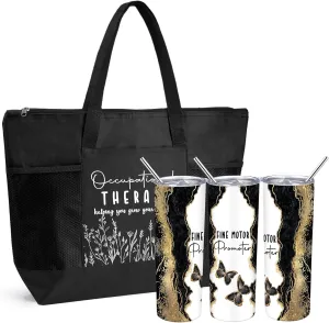 Buryeah 2 Pcs The Occupational Therapy Gift Fine Motor Promoter 20 oz Marble Sign Tumbler with Lid Large Tote Bag with Mesh Pockets OT Month Thank You Gift for Mental Healthy Psychology(Black)