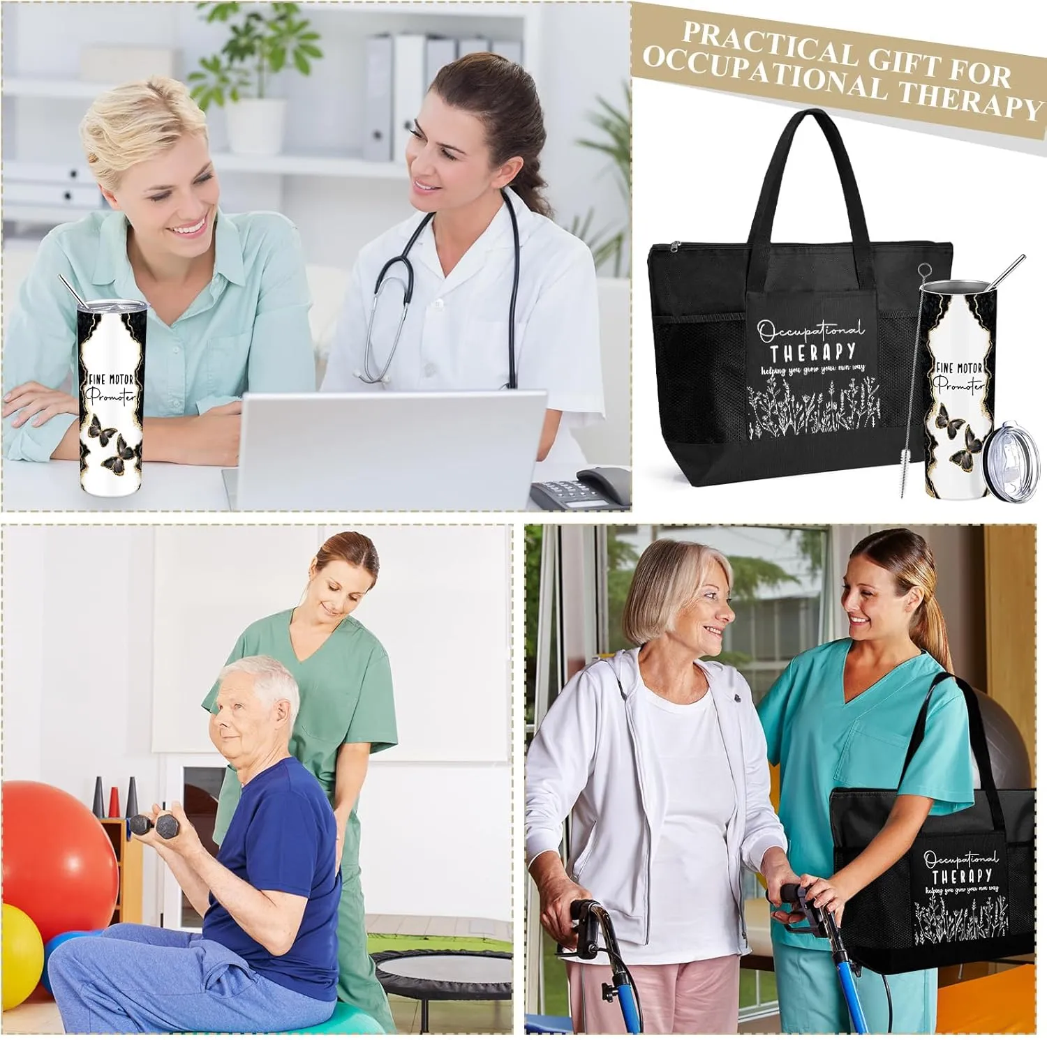 Buryeah 2 Pcs The Occupational Therapy Gift Fine Motor Promoter 20 oz Marble Sign Tumbler with Lid Large Tote Bag with Mesh Pockets OT Month Thank You Gift for Mental Healthy Psychology(Black)