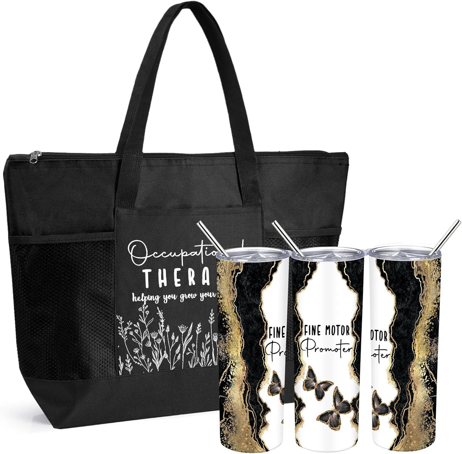 Buryeah 2 Pcs The Occupational Therapy Gift Fine Motor Promoter 20 oz Marble Sign Tumbler with Lid Large Tote Bag with Mesh Pockets OT Month Thank You Gift for Mental Healthy Psychology(Black)