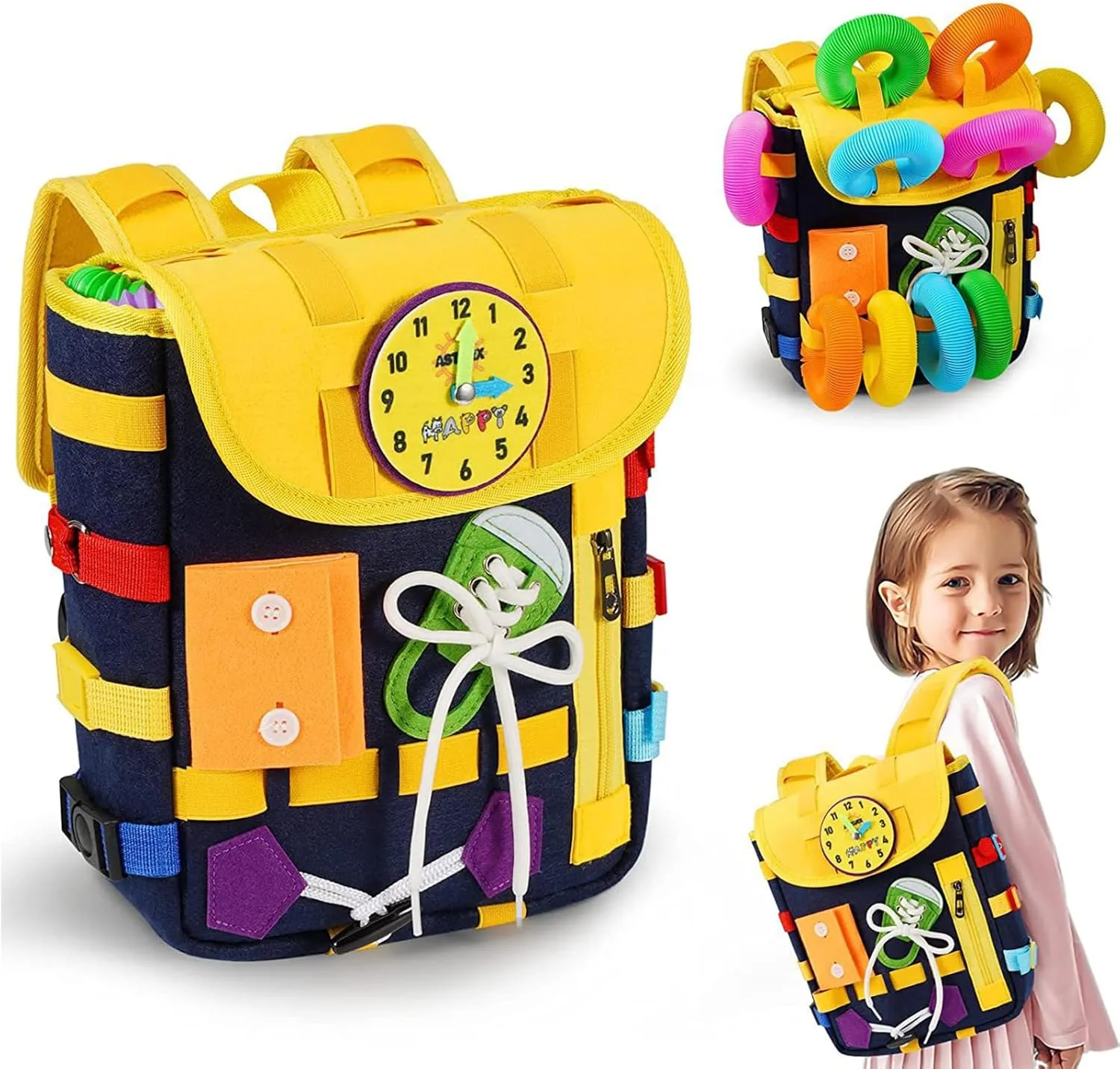 Busy Board Toddler Backpack, Felt Toddler Backpack with Learning Activity Toys for Boys Girls, Colorful Interactive Kids Backpack, Fun Felt Toy for School, Travel (Royal Blue)
