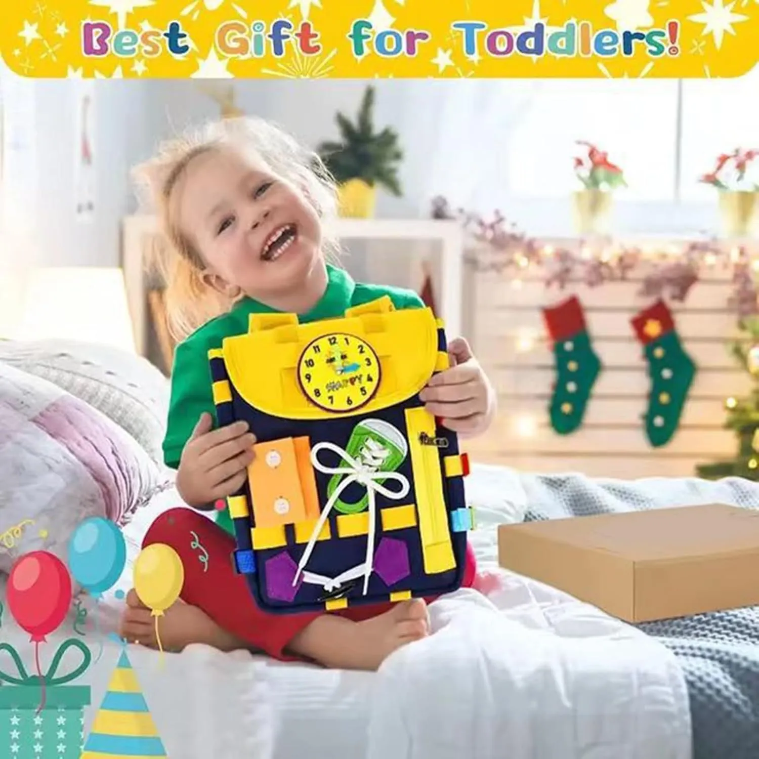 Busy Board Toddler Backpack with Learning Activity Toys for Boys & Girls, Colorful Interactive Kids Backpack, Fun Felt Toy for School & Travel (Green)