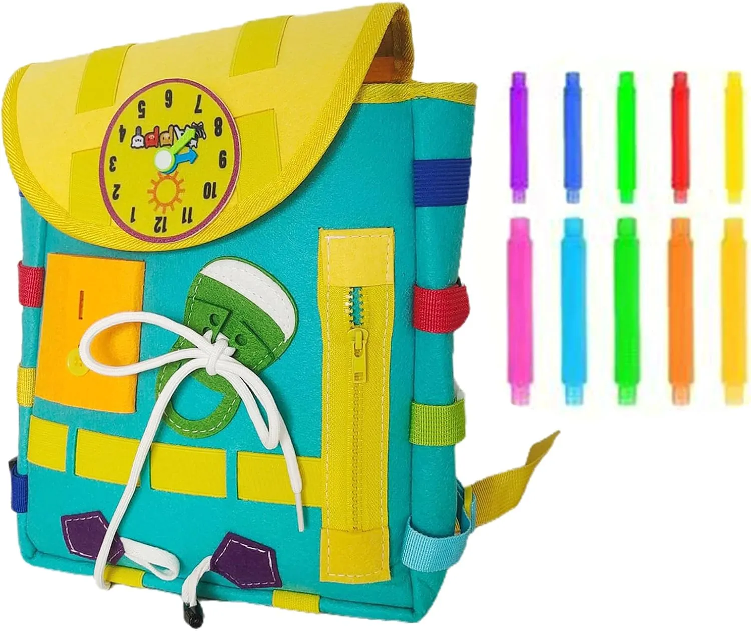 Busy Board Toddler Backpack with Learning Activity Toys for Boys & Girls, Colorful Interactive Kids Backpack, Fun Felt Toy for School & Travel (Green)
