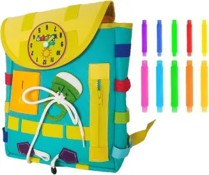 Busy Board Toddler Backpack with Learning Activity Toys for Boys & Girls, Colorful Interactive Kids Backpack, Fun Felt Toy for School & Travel (Green)