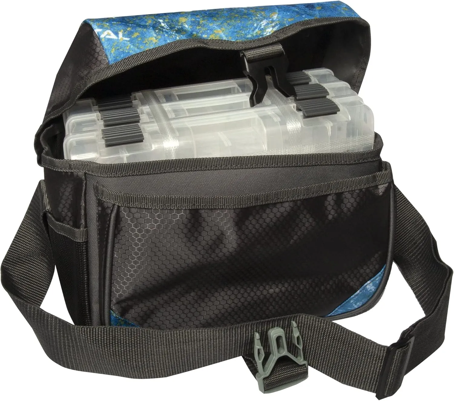 Calcutta Squall 3600 Express Tackle Bag | Mossy Oak Coastal Camo | 3 3600 Double Latch Trays | Compact Size | Durable Fishing Tackle Bag | Adjustable Shoulder Strap | Storage Pockets