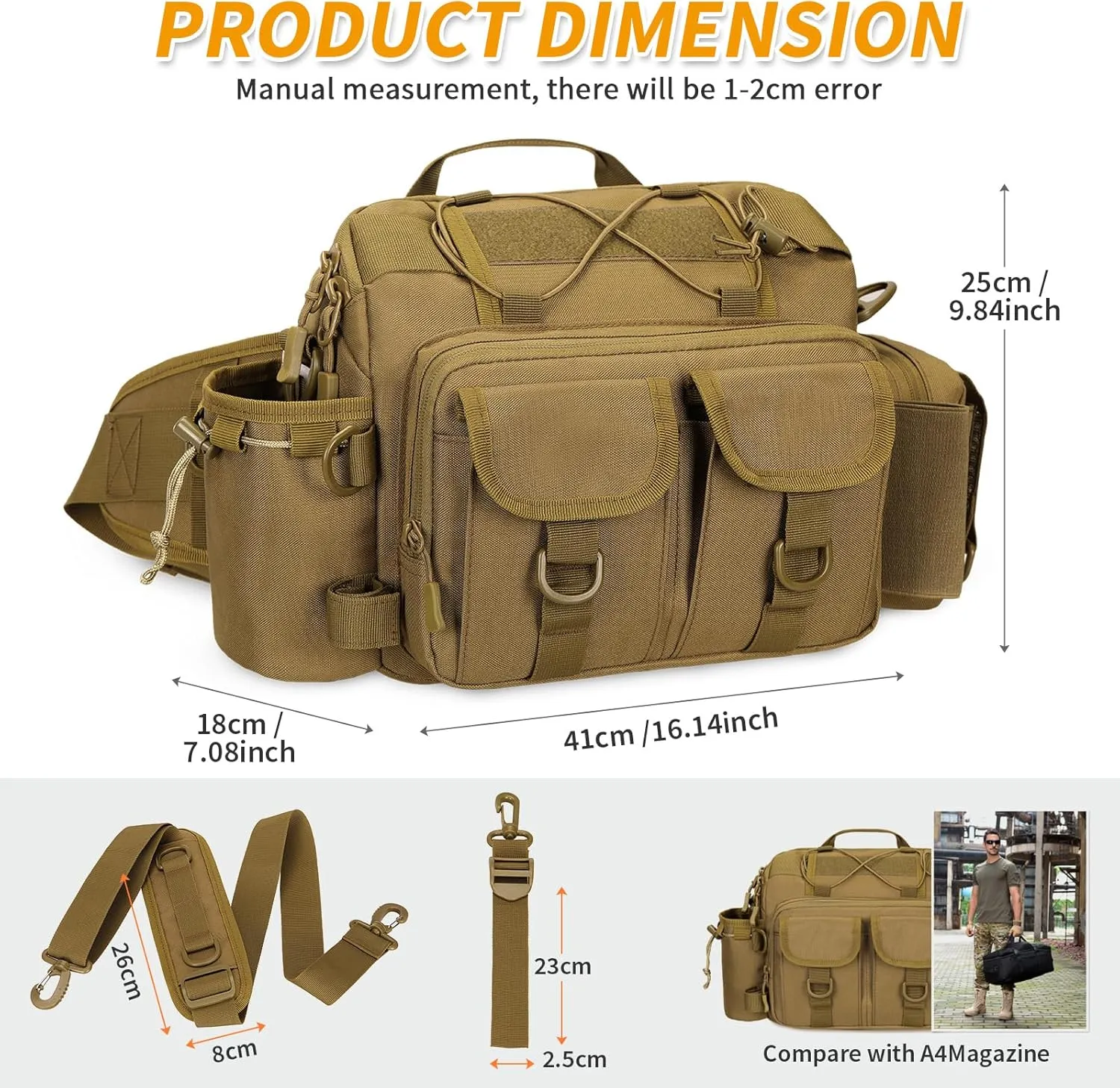 CamGo Tactical Range Bag Large Outdoor Hiking Waist Pack EDC Utility Crossbody Messenger Bag Lumbar Gear Pouch