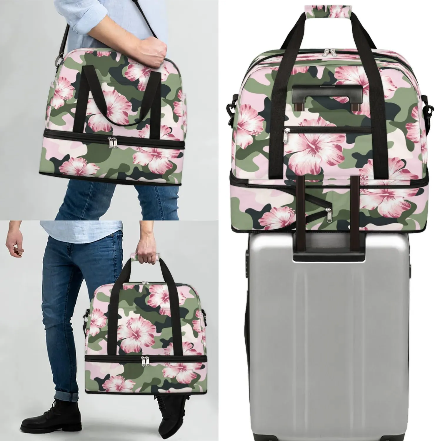 Camo Floral Sports Gym Bag with Shoes Compartment Foldable Travel Duffel Bag Dry Wet Separated Sports Tote Workout Weekender Overnight Bag for Women Yoga Dance Work Training Handbag