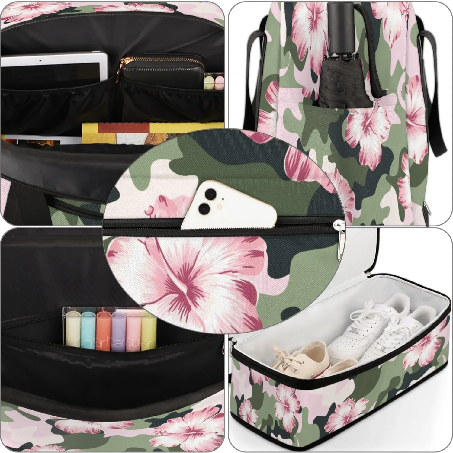 Camo Floral Sports Gym Bag with Shoes Compartment Foldable Travel Duffel Bag Dry Wet Separated Sports Tote Workout Weekender Overnight Bag for Women Yoga Dance Work Training Handbag