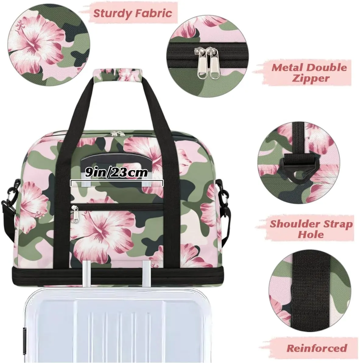 Camo Floral Sports Gym Bag with Shoes Compartment Foldable Travel Duffel Bag Dry Wet Separated Sports Tote Workout Weekender Overnight Bag for Women Yoga Dance Work Training Handbag