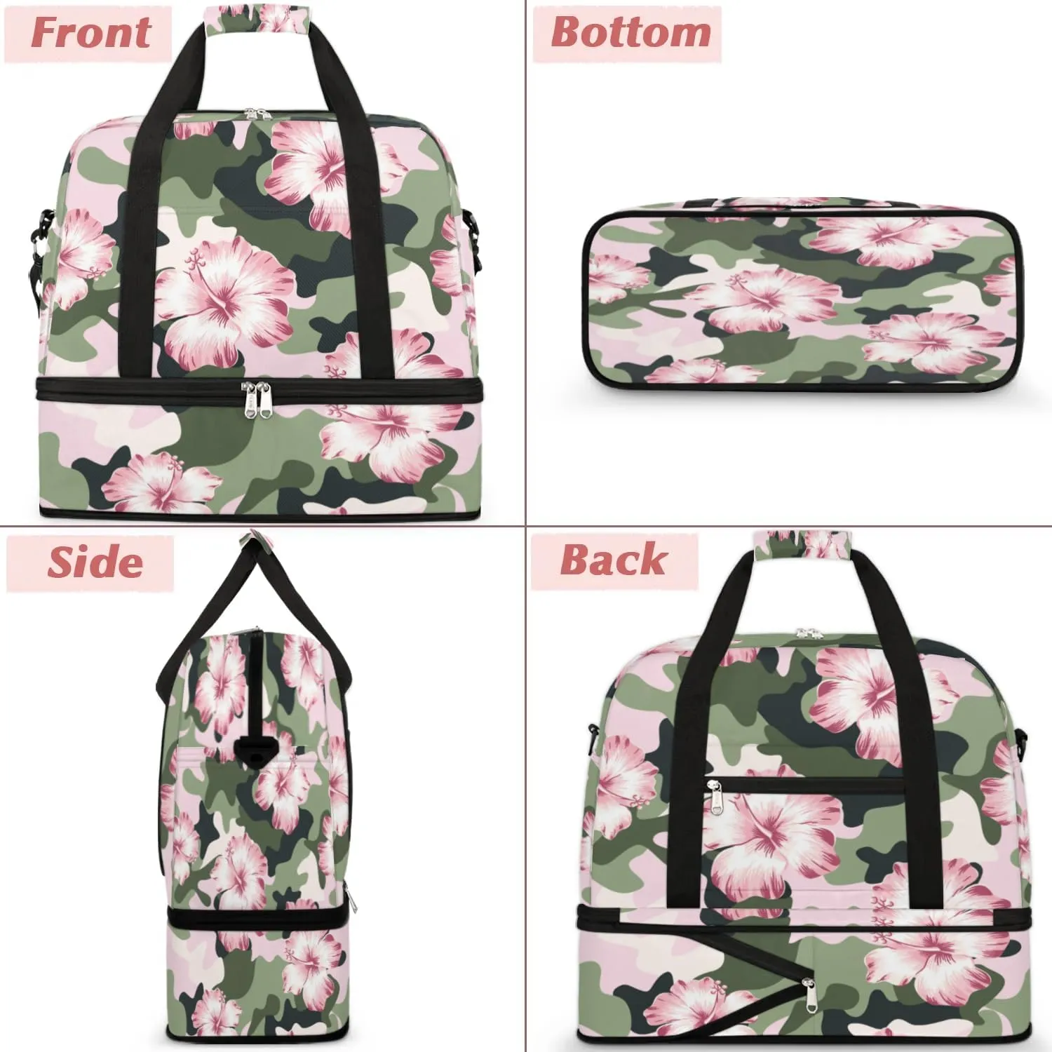 Camo Floral Sports Gym Bag with Shoes Compartment Foldable Travel Duffel Bag Dry Wet Separated Sports Tote Workout Weekender Overnight Bag for Women Yoga Dance Work Training Handbag