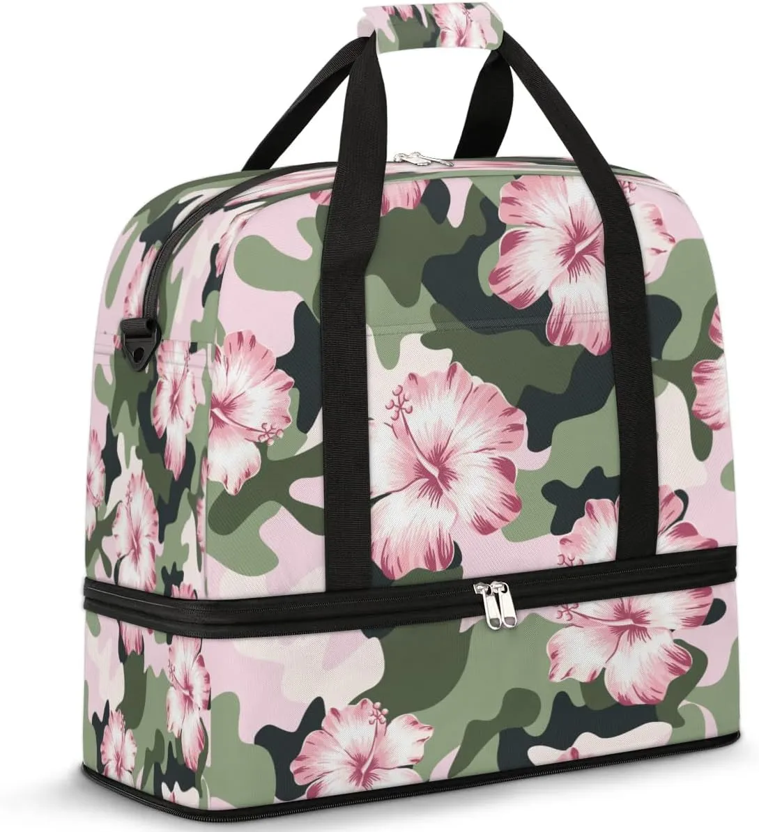 Camo Floral Sports Gym Bag with Shoes Compartment Foldable Travel Duffel Bag Dry Wet Separated Sports Tote Workout Weekender Overnight Bag for Women Yoga Dance Work Training Handbag
