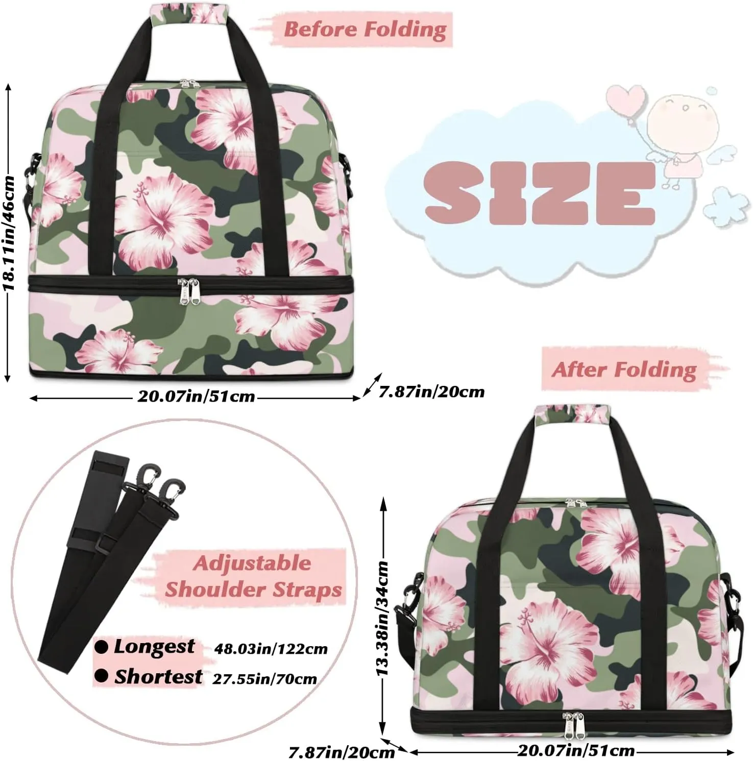 Camo Floral Sports Gym Bag with Shoes Compartment Foldable Travel Duffel Bag Dry Wet Separated Sports Tote Workout Weekender Overnight Bag for Women Yoga Dance Work Training Handbag