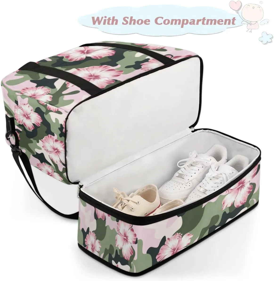 Camo Floral Sports Gym Bag with Shoes Compartment Foldable Travel Duffel Bag Dry Wet Separated Sports Tote Workout Weekender Overnight Bag for Women Yoga Dance Work Training Handbag