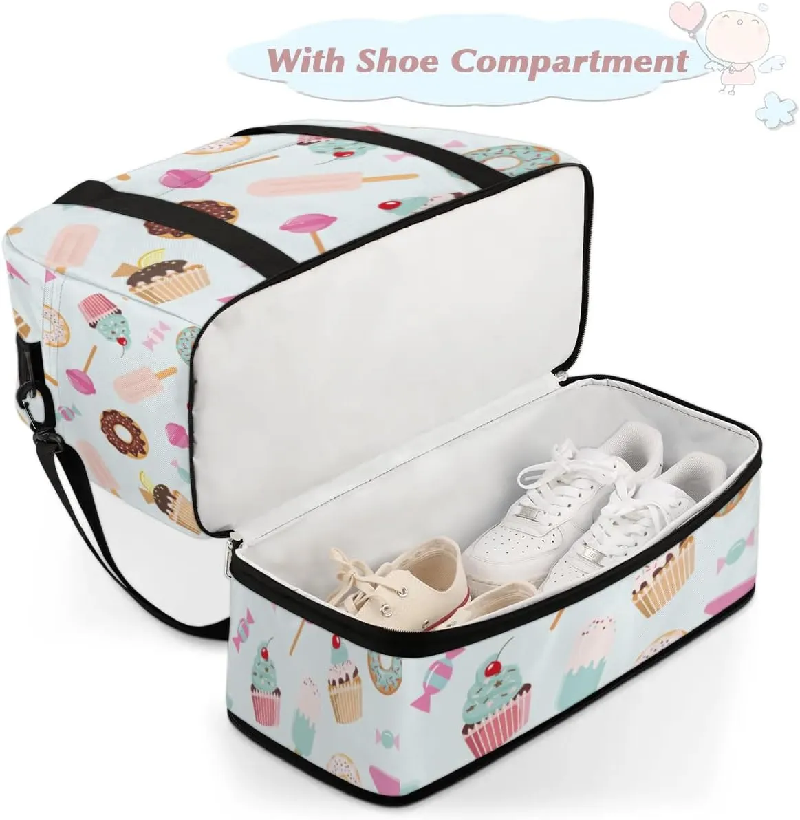Candy Donuts Sports Gym Bag with Shoes Compartment Foldable Travel Duffel Bag Dry Wet Separated Sports Tote Workout Weekender Overnight Bag for Women Yoga Dance Work Training Handbag