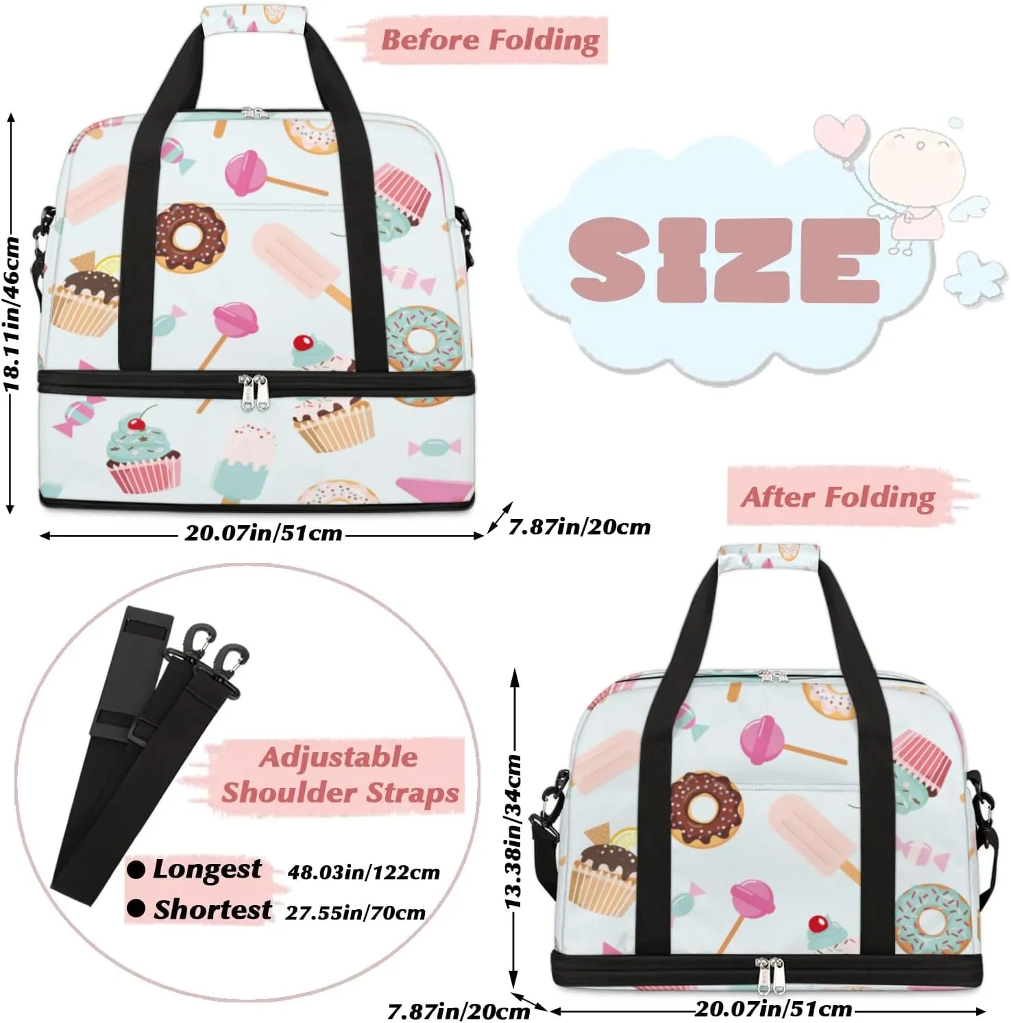 Candy Donuts Sports Gym Bag with Shoes Compartment Foldable Travel Duffel Bag Dry Wet Separated Sports Tote Workout Weekender Overnight Bag for Women Yoga Dance Work Training Handbag