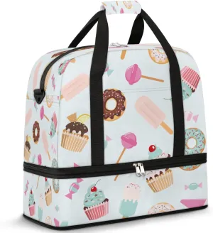 Candy Donuts Sports Gym Bag with Shoes Compartment Foldable Travel Duffel Bag Dry Wet Separated Sports Tote Workout Weekender Overnight Bag for Women Yoga Dance Work Training Handbag