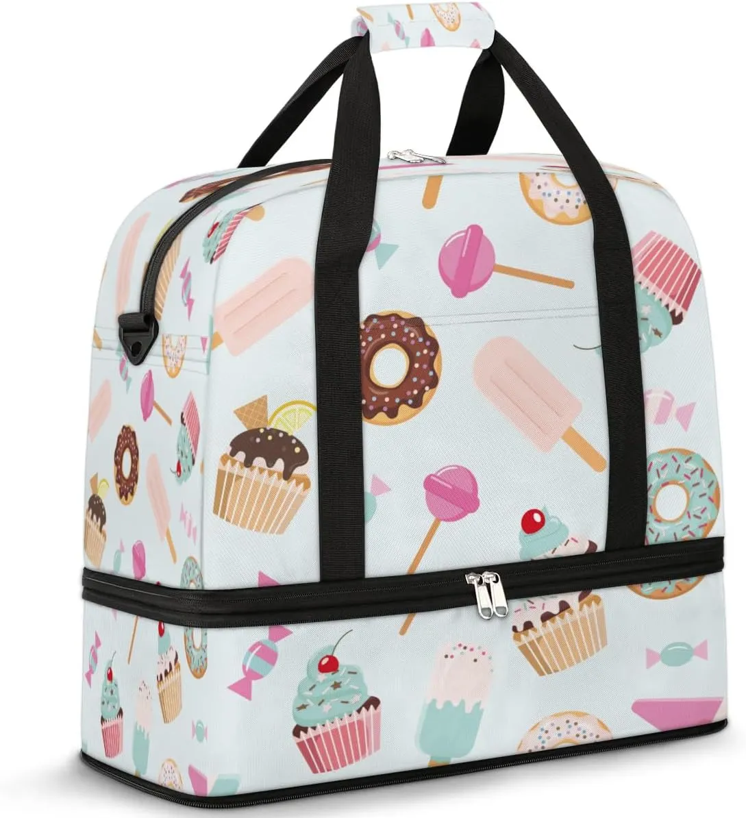 Candy Donuts Sports Gym Bag with Shoes Compartment Foldable Travel Duffel Bag Dry Wet Separated Sports Tote Workout Weekender Overnight Bag for Women Yoga Dance Work Training Handbag
