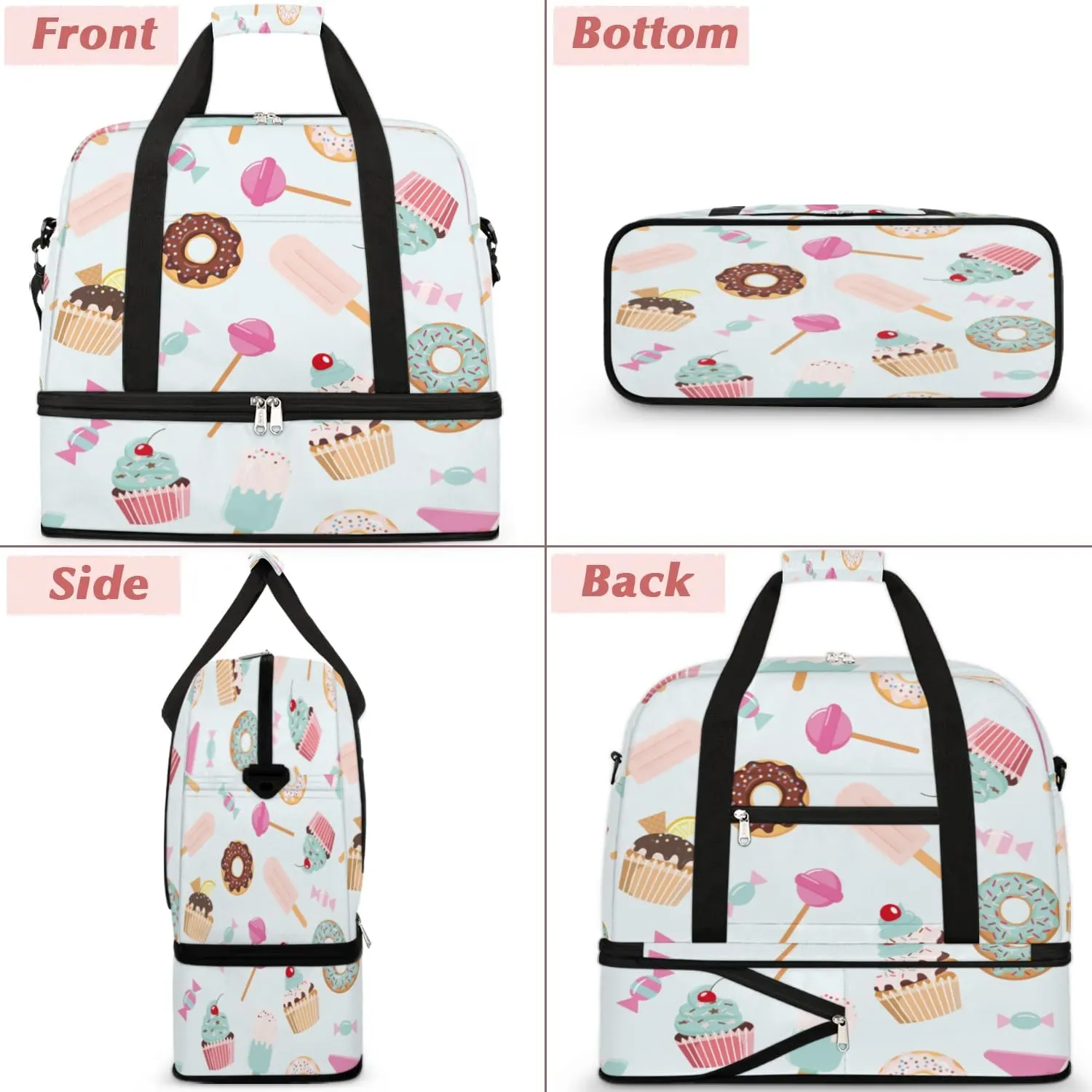 Candy Donuts Sports Gym Bag with Shoes Compartment Foldable Travel Duffel Bag Dry Wet Separated Sports Tote Workout Weekender Overnight Bag for Women Yoga Dance Work Training Handbag