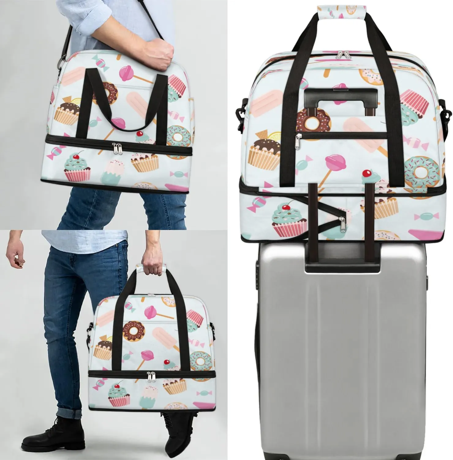 Candy Donuts Sports Gym Bag with Shoes Compartment Foldable Travel Duffel Bag Dry Wet Separated Sports Tote Workout Weekender Overnight Bag for Women Yoga Dance Work Training Handbag