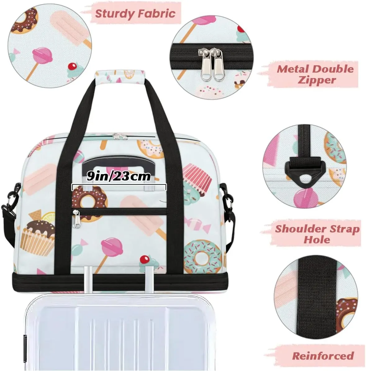 Candy Donuts Sports Gym Bag with Shoes Compartment Foldable Travel Duffel Bag Dry Wet Separated Sports Tote Workout Weekender Overnight Bag for Women Yoga Dance Work Training Handbag