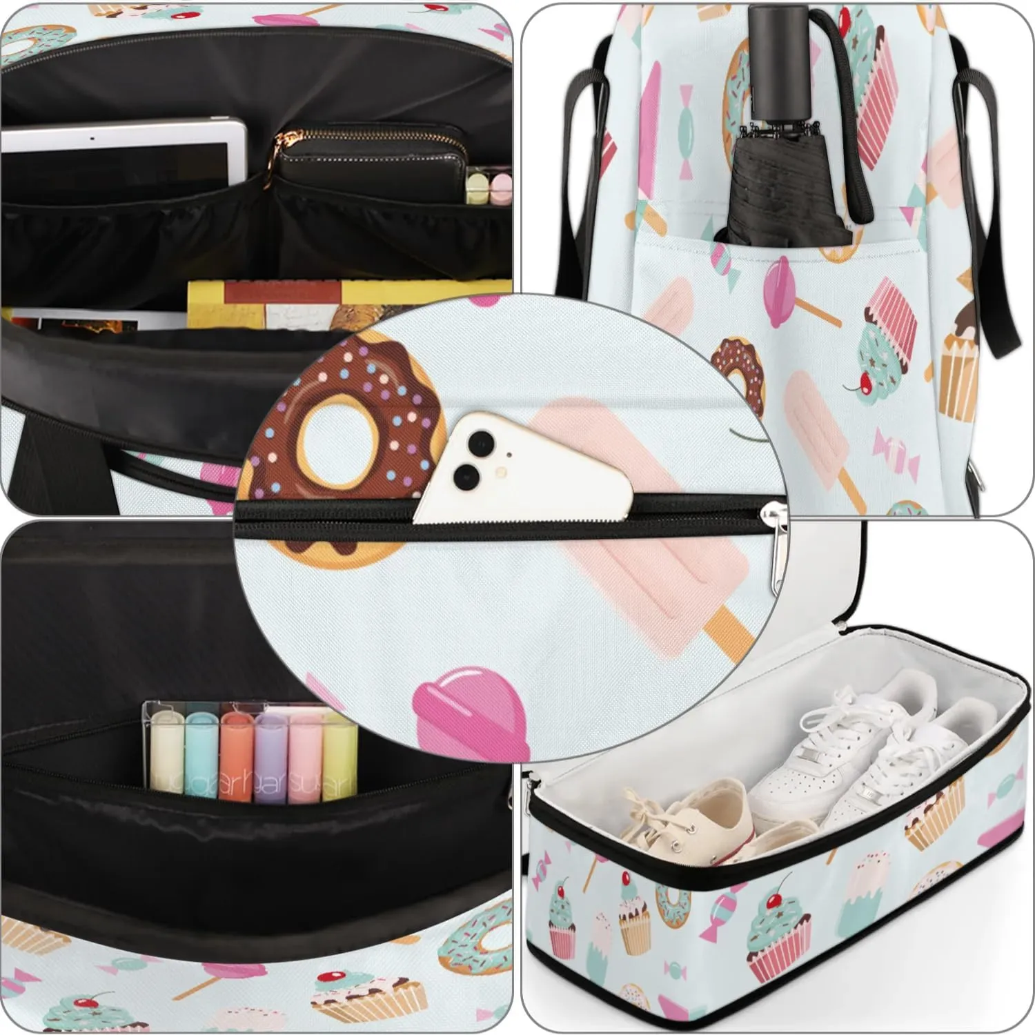 Candy Donuts Sports Gym Bag with Shoes Compartment Foldable Travel Duffel Bag Dry Wet Separated Sports Tote Workout Weekender Overnight Bag for Women Yoga Dance Work Training Handbag