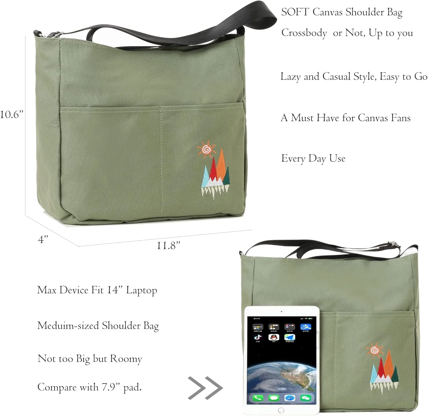 Canvas Crossbody Bag for Women Men, Fashion Casual Shoulder Bags Messenger Bag with Embroidery