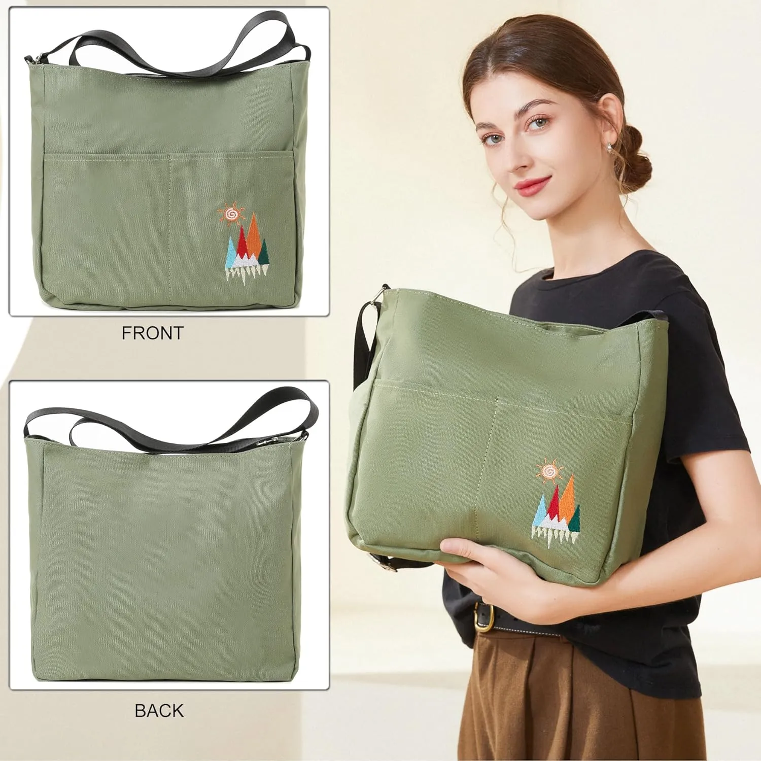 Canvas Crossbody Bag for Women Men, Fashion Casual Shoulder Bags Messenger Bag with Embroidery