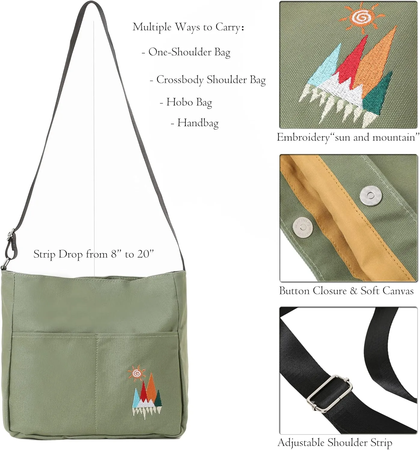 Canvas Crossbody Bag for Women Men, Fashion Casual Shoulder Bags Messenger Bag with Embroidery