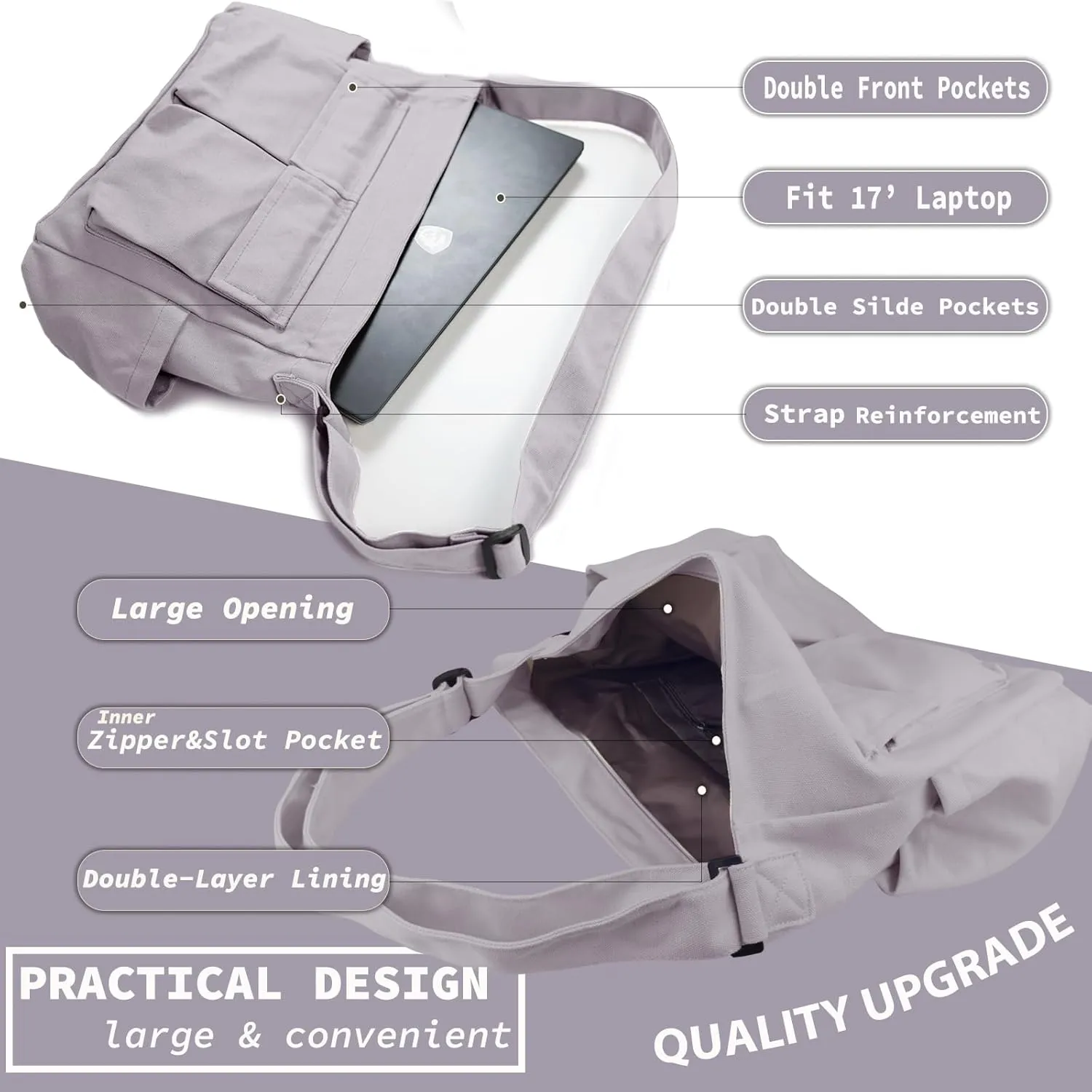 Canvas Messenger Bag Large Hobo Crossbody Bag with Multiple Pockets Casual Shoulder Tote Bag for Women and Men