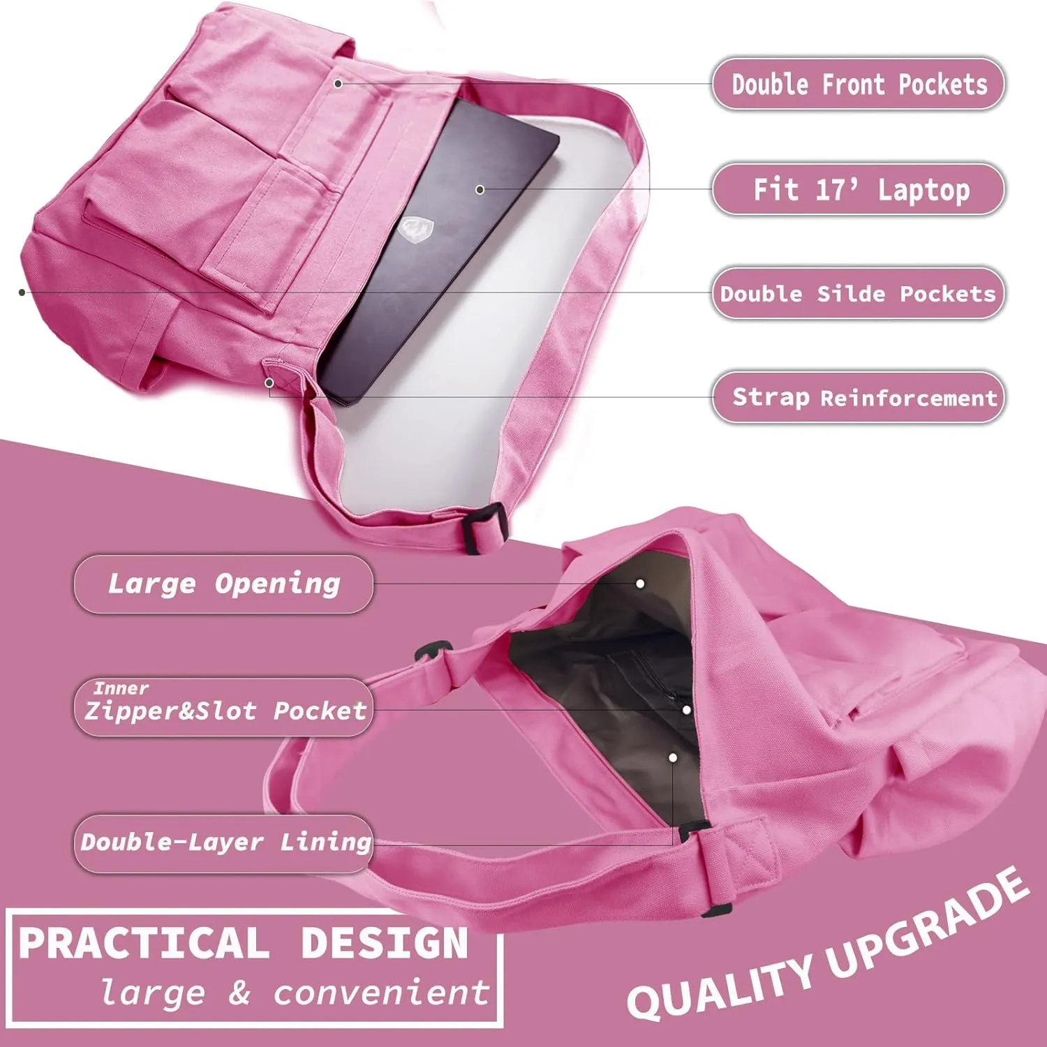 Canvas Messenger Bag Large Hobo Crossbody Bag with Multiple Pockets Casual Shoulder Tote Bag for Women and Men