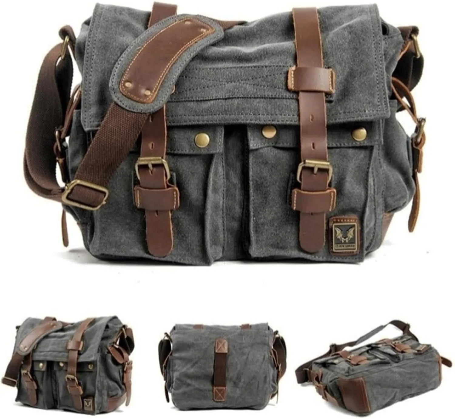 Canvas Messenger Bag, Vintage Genuine Leather Shoulder Bag, Briefcase Crossbody Satchel Purse Laptop Bag Medium