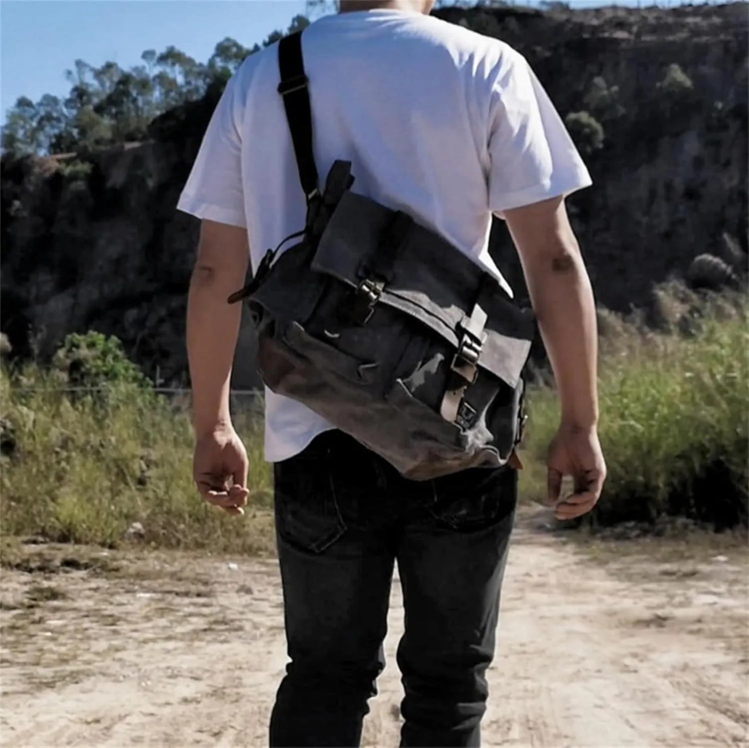 Canvas Messenger Bag, Vintage Genuine Leather Shoulder Bag, Briefcase Crossbody Satchel Purse Laptop Bag Medium