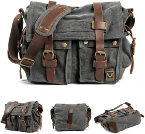 Canvas Messenger Bag, Vintage Genuine Leather Shoulder Bag, Briefcase Crossbody Satchel Purse Laptop Bag Medium
