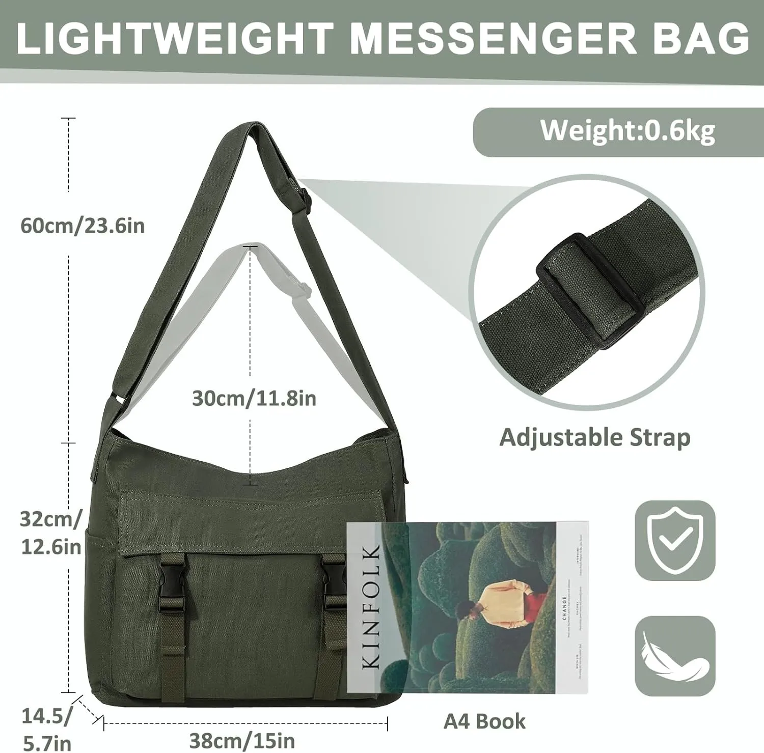 Canvas Messenger Bag,Lightweight Large Casual Crossbody Shoulder Hobo Bag for Women Men Work/Travel/College