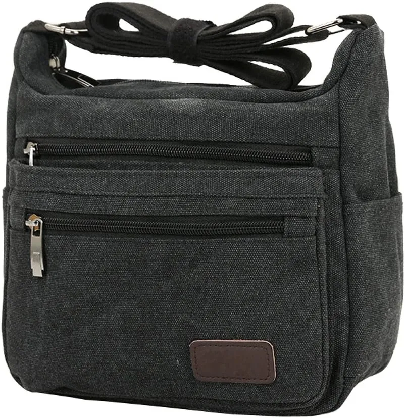 Canvas Shoulder Bag for Women and Men Messenger Handbags Cross Body Multi Zipper Pockets Bag