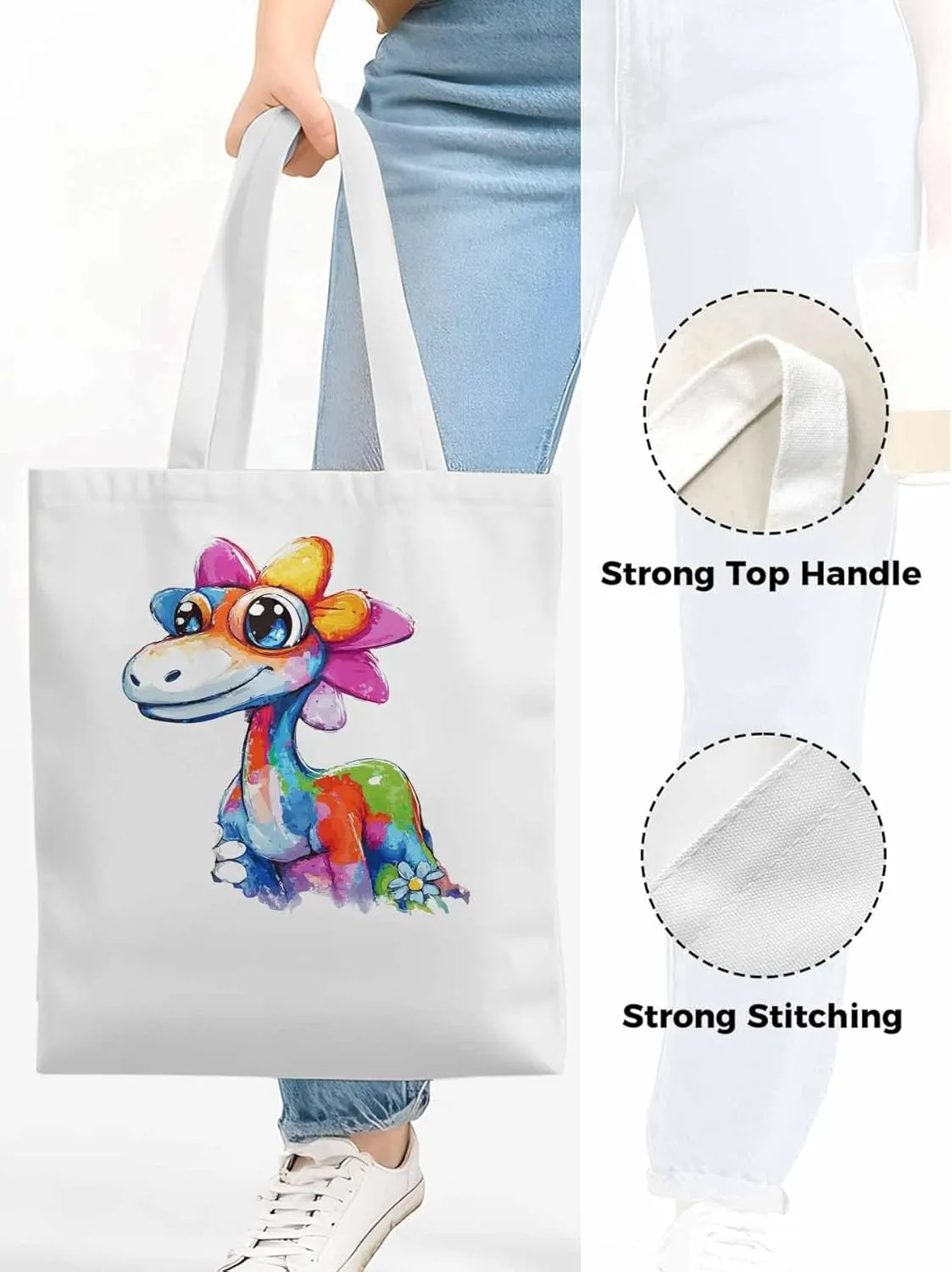 Canvas Tote Bag Color Dinosaur Reusable Grocery Shopping Bags with Handle, Cartoon Animal Large Canvas
