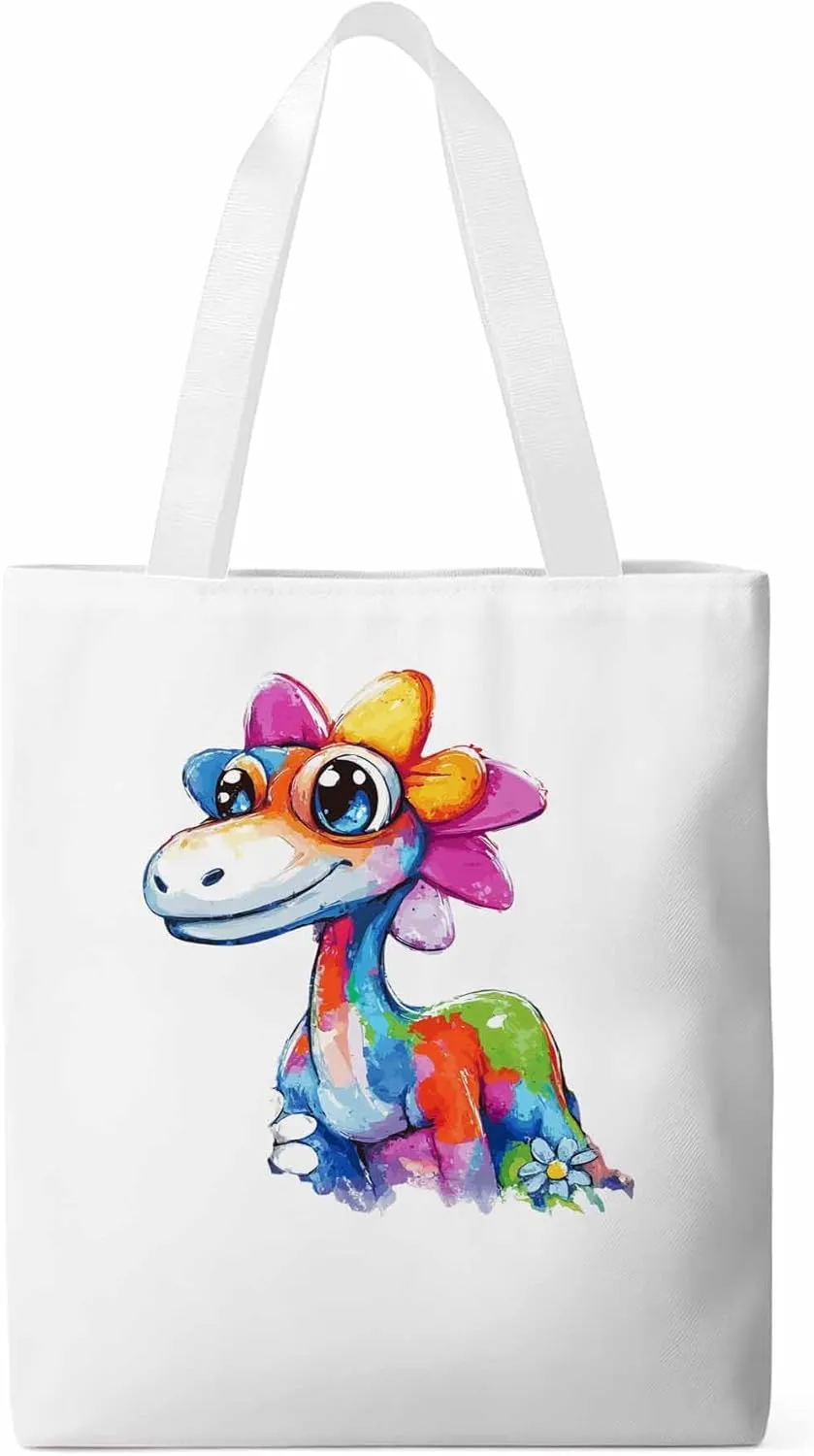 Canvas Tote Bag Color Dinosaur Reusable Grocery Shopping Bags with Handle, Cartoon Animal Large Canvas