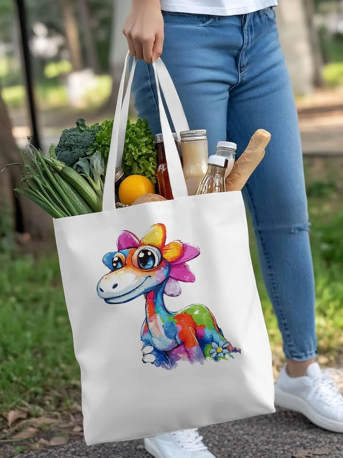 Canvas Tote Bag Color Dinosaur Reusable Grocery Shopping Bags with Handle, Cartoon Animal Large Canvas
