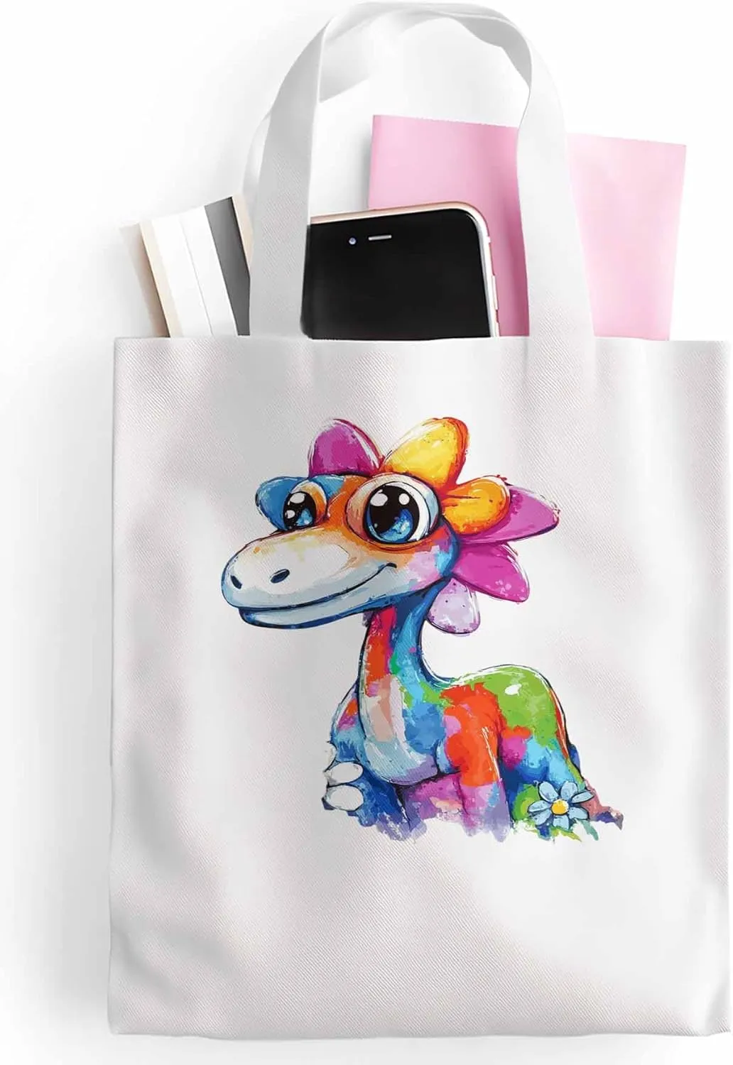 Canvas Tote Bag Color Dinosaur Reusable Grocery Shopping Bags with Handle, Cartoon Animal Large Canvas
