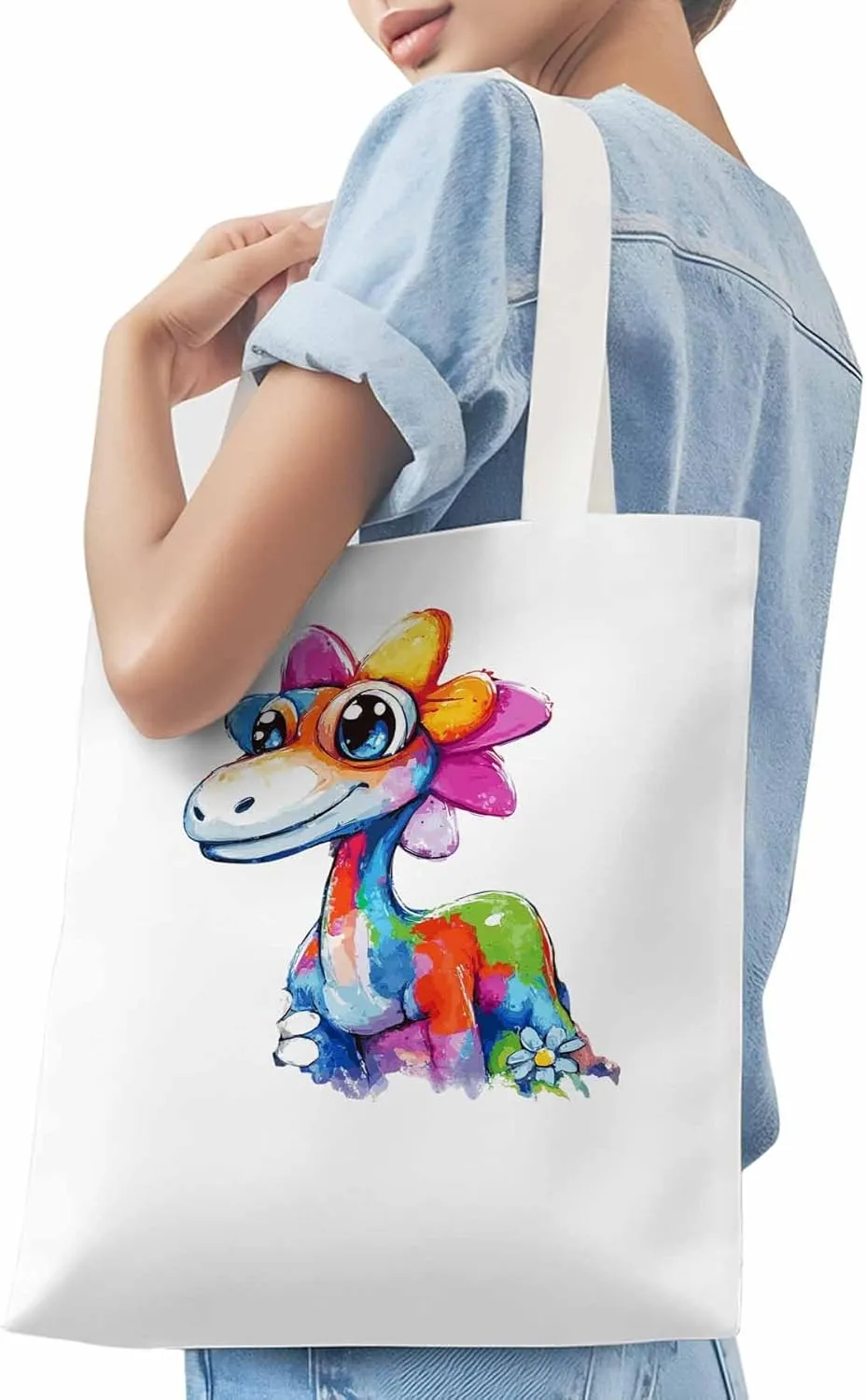 Canvas Tote Bag Color Dinosaur Reusable Grocery Shopping Bags with Handle, Cartoon Animal Large Canvas