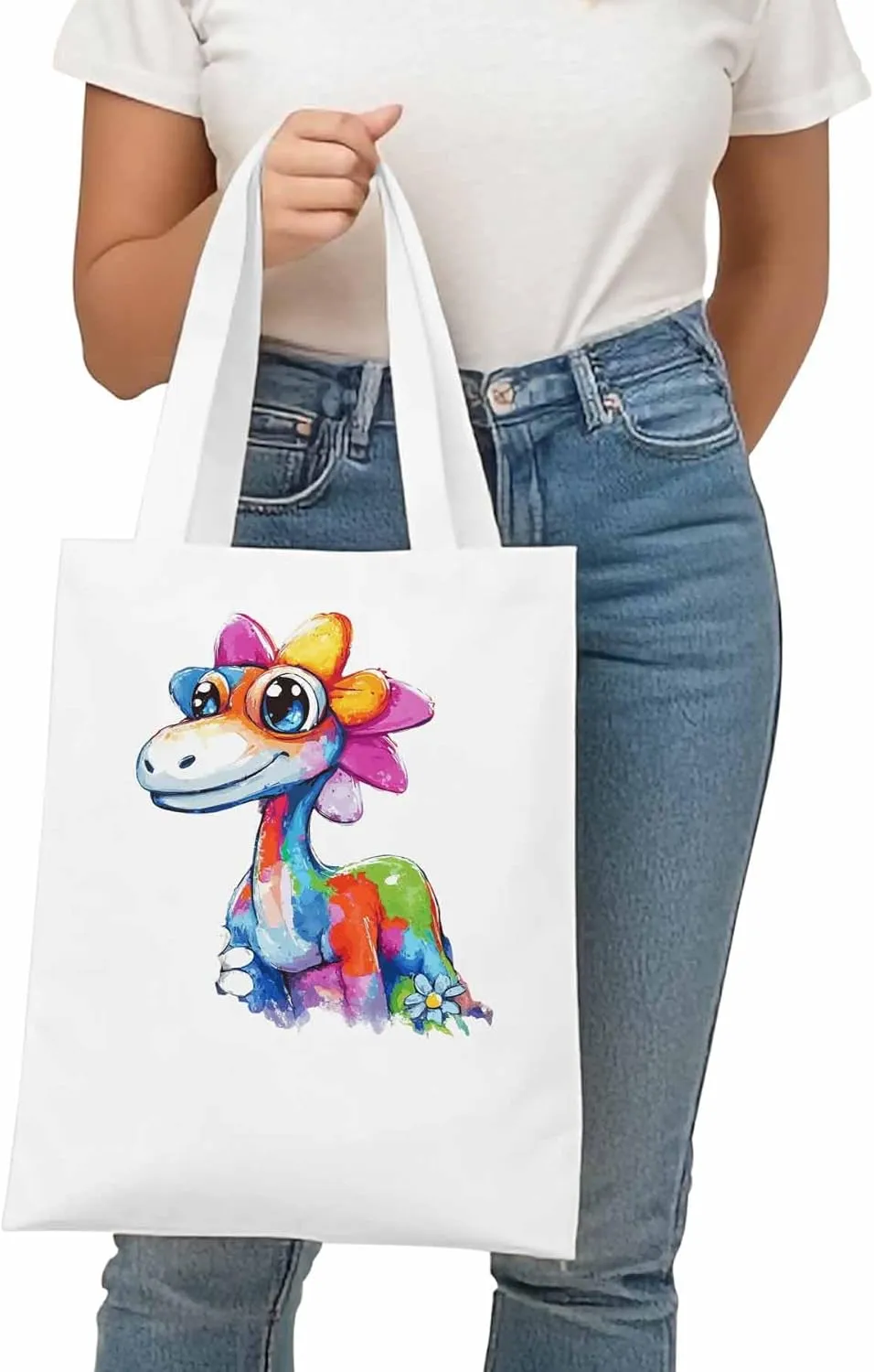 Canvas Tote Bag Color Dinosaur Reusable Grocery Shopping Bags with Handle, Cartoon Animal Large Canvas