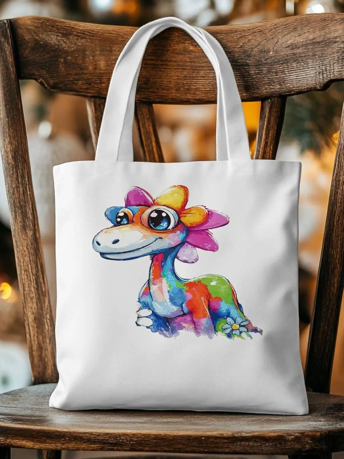 Canvas Tote Bag Color Dinosaur Reusable Grocery Shopping Bags with Handle, Cartoon Animal Large Canvas