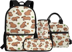 Capybara Backpacks for Girls 10-12 with Lunchbox Funny Bookbag for Girls with Pencil Case 4 in 1 Set for Primary Kids Casual Daypack Tote Bags