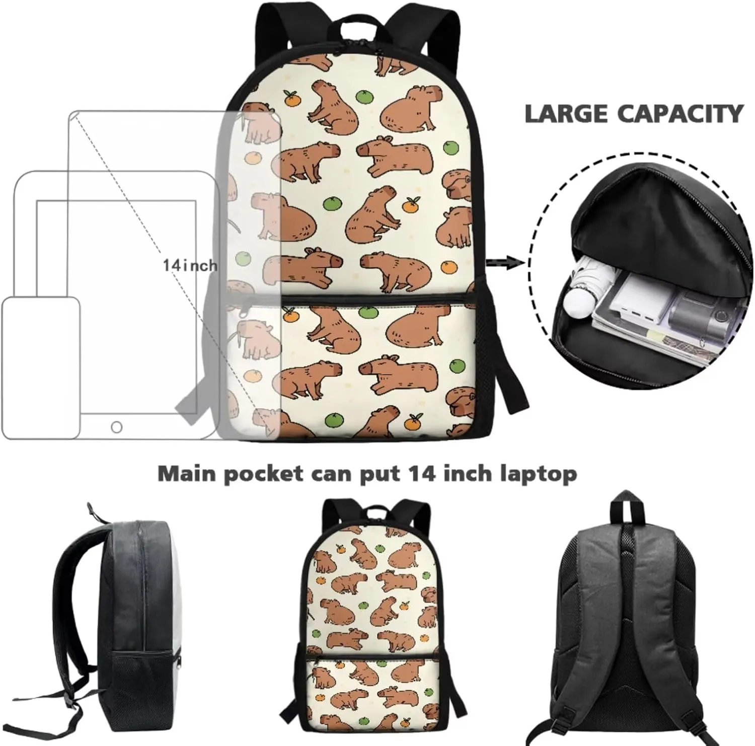 Capybara Backpacks for Girls 10-12 with Lunchbox Funny Bookbag for Girls with Pencil Case 4 in 1 Set for Primary Kids Casual Daypack Tote Bags