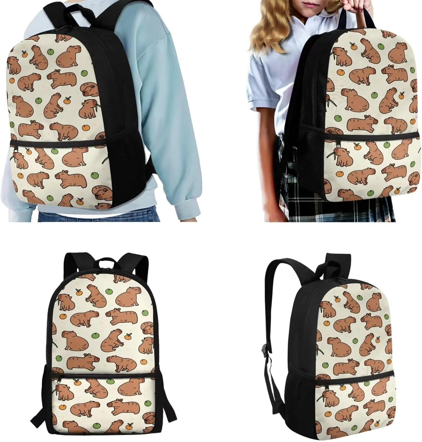 Capybara Backpacks for Girls 10-12 with Lunchbox Funny Bookbag for Girls with Pencil Case 4 in 1 Set for Primary Kids Casual Daypack Tote Bags