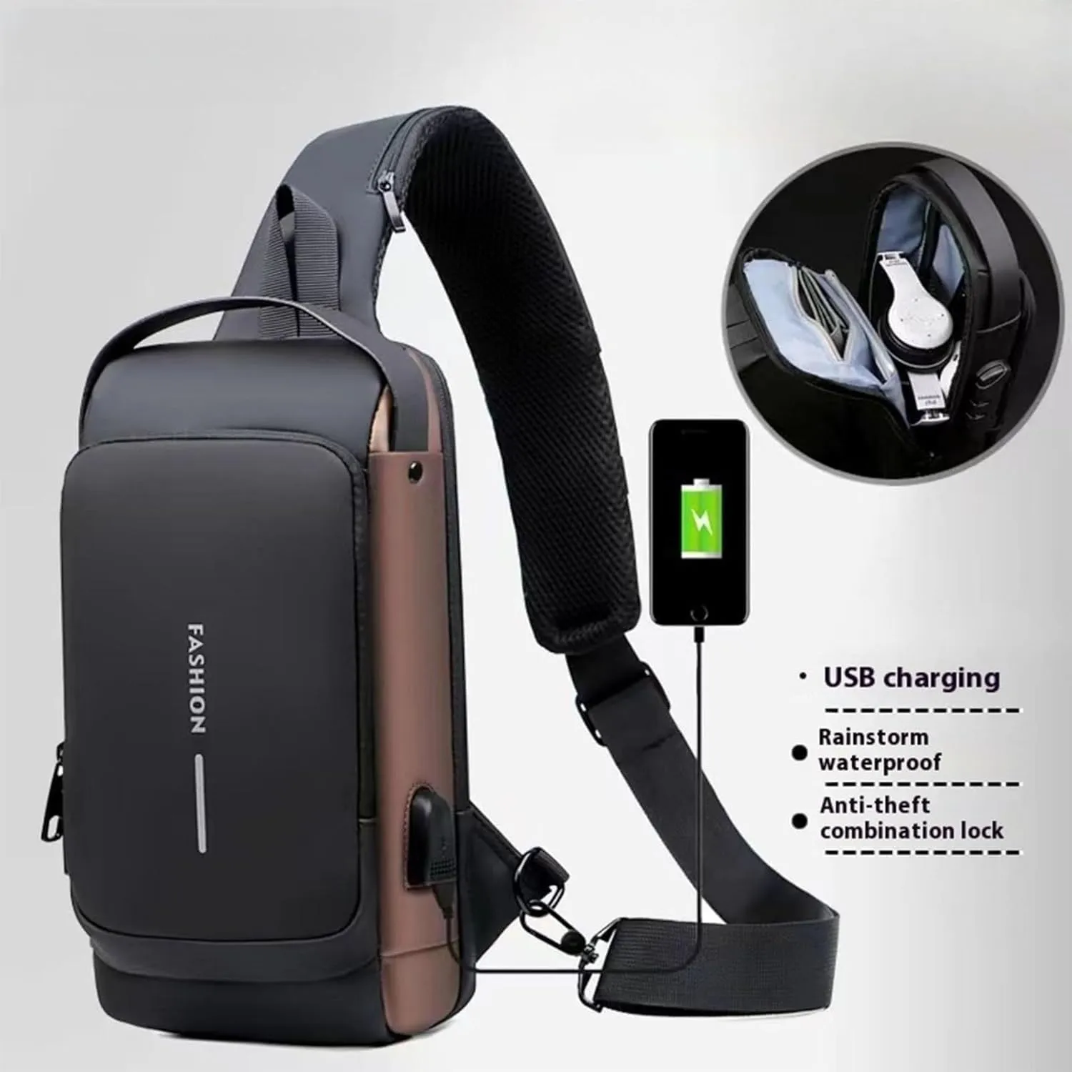 Carbon Fiber Streamline Anti-Theft Sling Bag with USB Charging Port, Waterproof Crossbody Backpack for Travel, Gym (Gray)