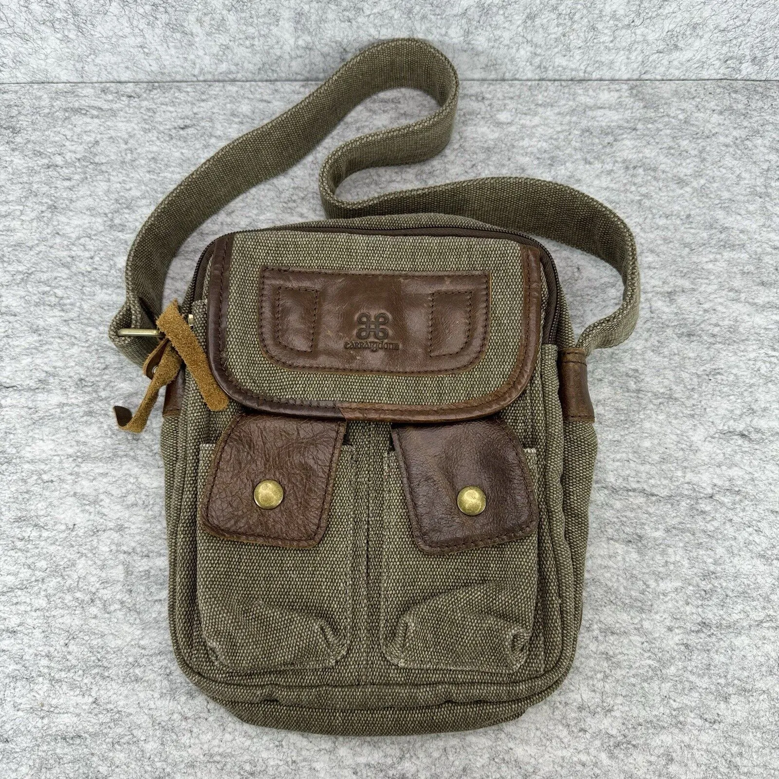Carraig Donn Canvas Leather Crossbody Shoulder Handbag Green Brown Pockets Zip