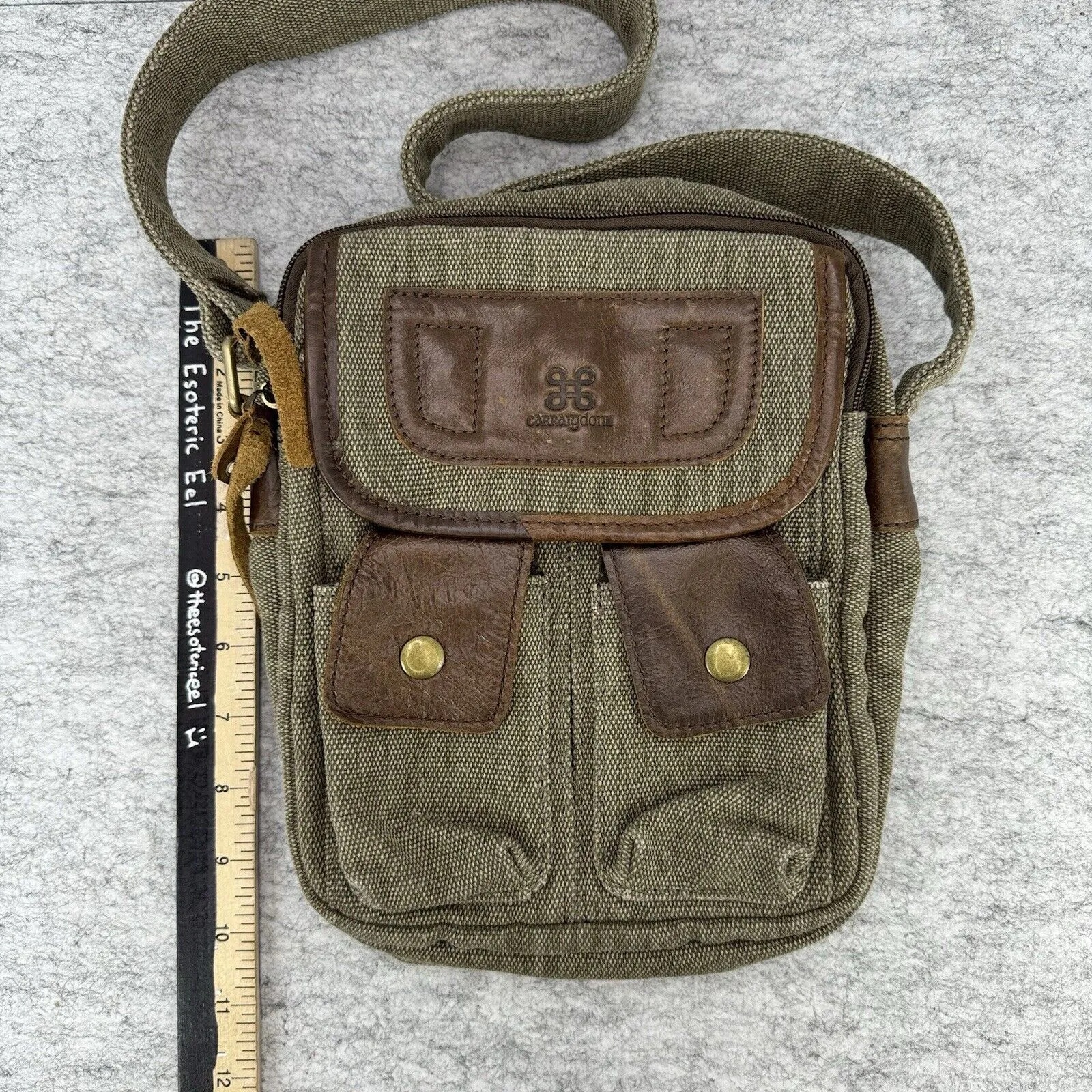 Carraig Donn Canvas Leather Crossbody Shoulder Handbag Green Brown Pockets Zip
