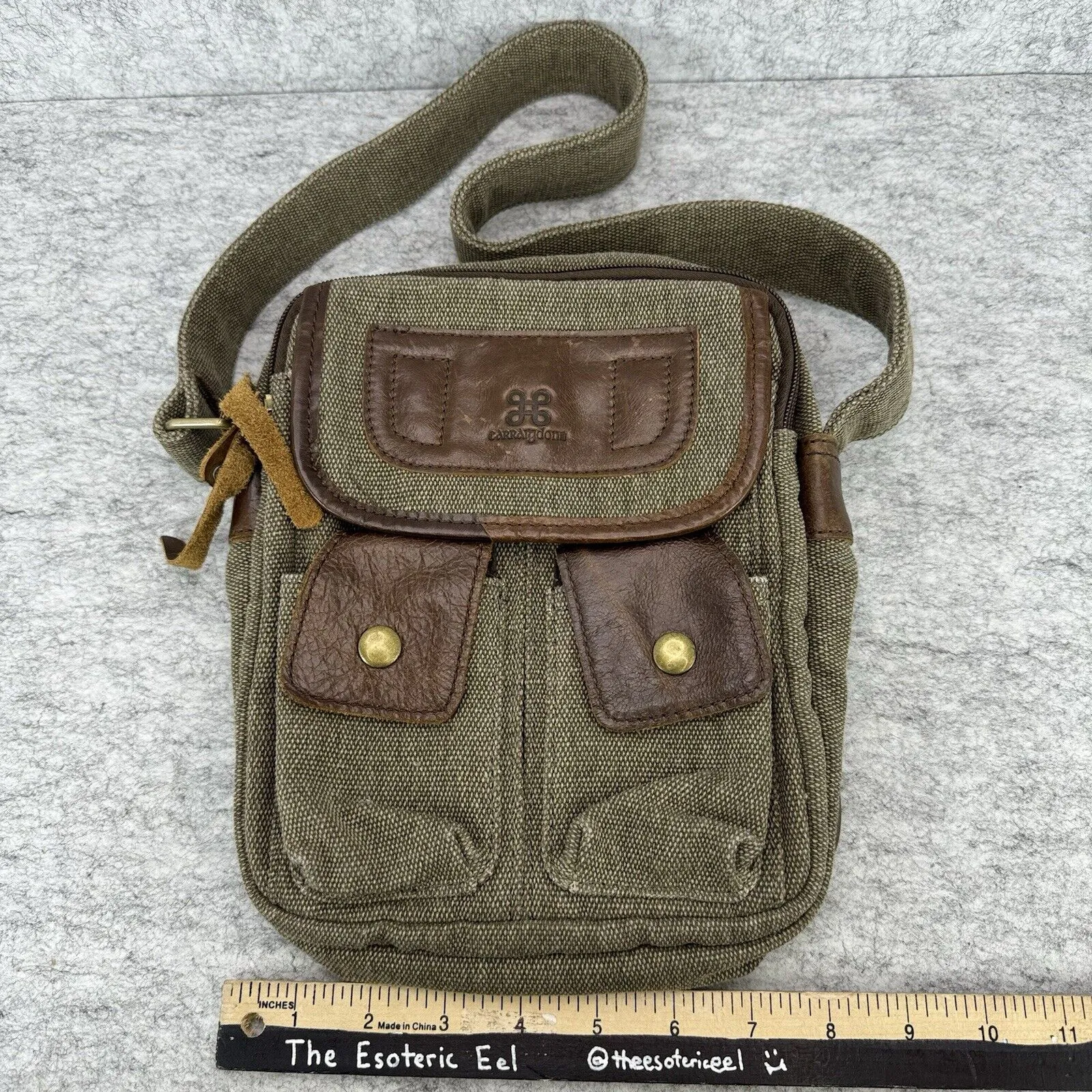 Carraig Donn Canvas Leather Crossbody Shoulder Handbag Green Brown Pockets Zip